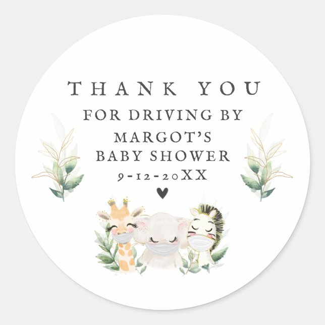 Sticker Rond Green Gold Safari Animaux Conduite Par Baby shower (Devant)