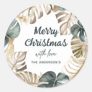 Sticker Rond Green & Gold Tropical Palm Wreath Noël