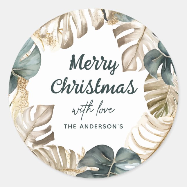 Sticker Rond Green & Gold Tropical Palm Wreath Noël (Devant)