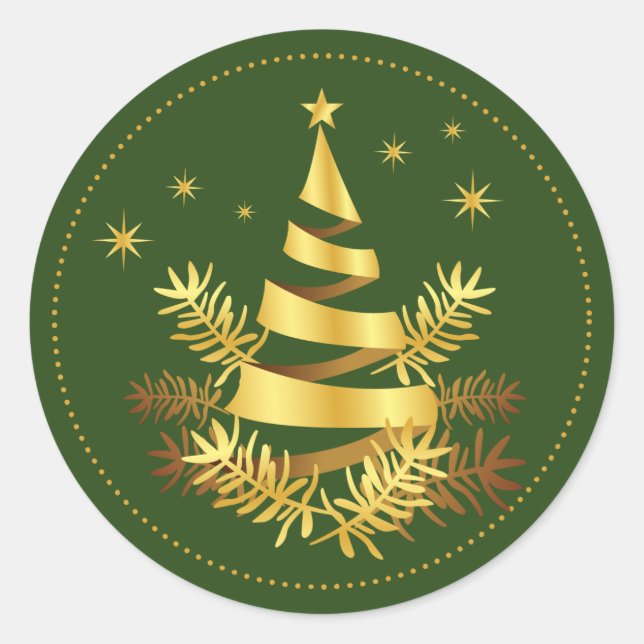 Sticker Rond Green Golden Stars Arbre de Noël Feuille (Devant)