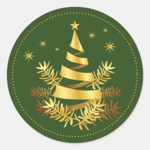 Sticker Rond Green Golden Stars Arbre de Noël Feuille