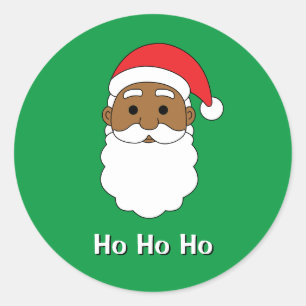 Sticker Rond Green Ho Ho Ho African American Santa Claus Famill
