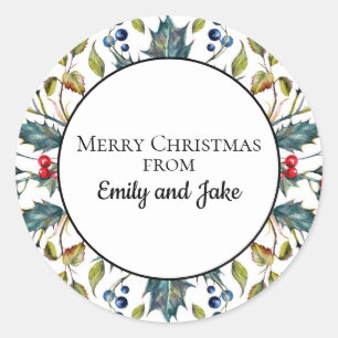 Sticker Rond Green Holly Red Berries Custom Joyeux Noël