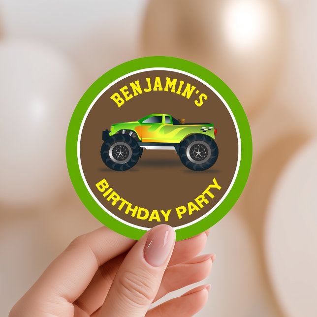 Sticker Rond Green Monster Truck Anniversaire de enfant Party F (Créateur téléchargé)