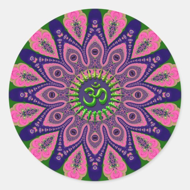 Sticker Rond Green Om Funky Pink et Indigo Mandala (Devant)