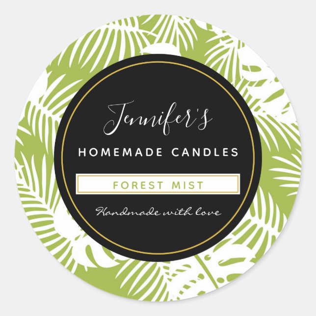 Sticker Rond Green Palm Feuille Rainforest Motif bougie / savon (Devant)