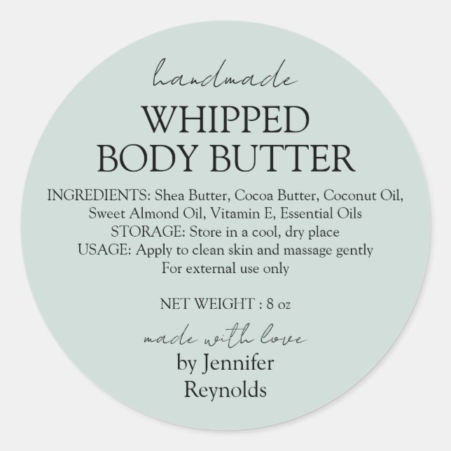 Sticker Rond Green Pastel Handmade Body Butter Organic Classic (Devant)