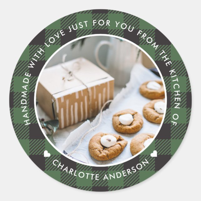 Sticker Rond Green Plaid artisanal avec amour Photo de Noël (Devant)
