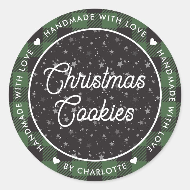 Sticker Rond Green Plaid fait main avec amour Cookies de Noël (Devant)