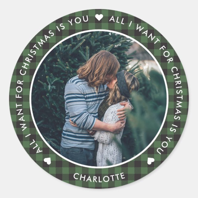 Sticker Rond Green Plaid Tout ce que je veux pour Noël est vous (Devant)