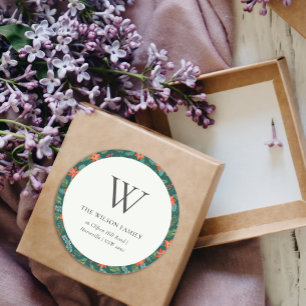 Sticker Rond Green Poinsettia Noël Floral Monogramme Adresse