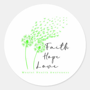 Sticker Rond Green Ribbon Dandelion Faith Hope Mental Health Aw
