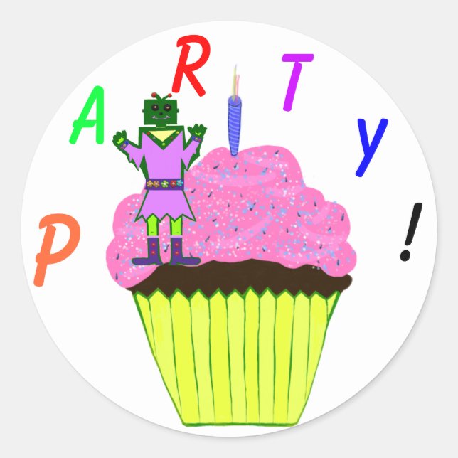 Sticker Rond Green Robot Girl et Pink Cupcake fête d'anniversai (Devant)