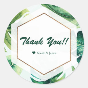 Sticker Rond Green Tropical Feuilles Blanc Elégant Mariage Fave