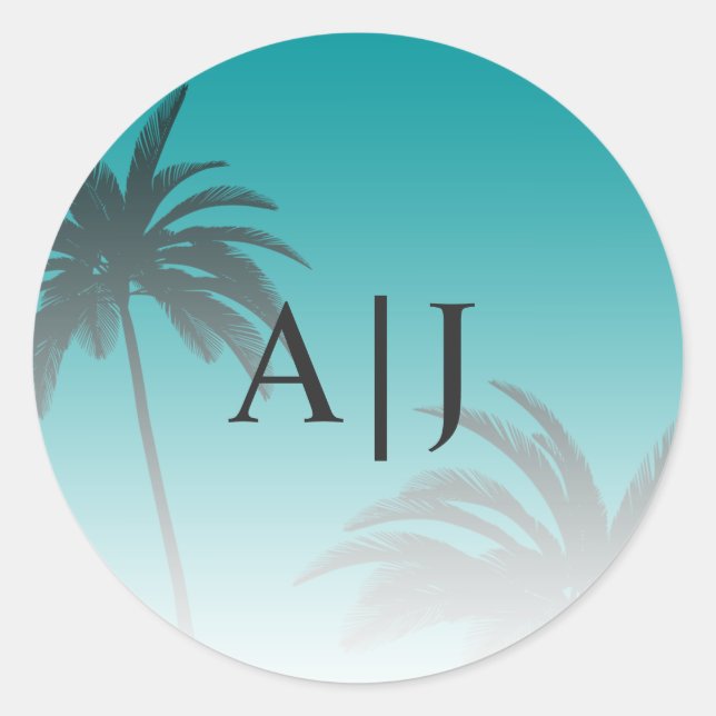 Sticker Rond Green Tropical Palm Tree Beach Monogram Mariage (Devant)