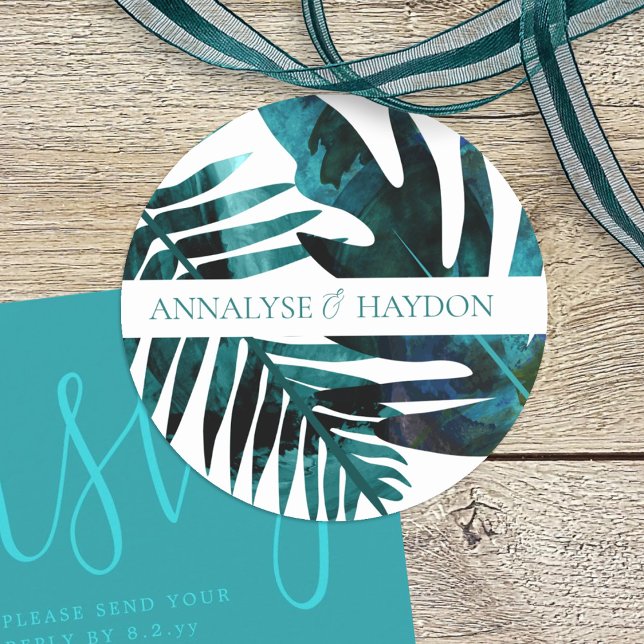 Sticker Rond Green & Tropical Turquoise Island Feuille Mariage (tropical teal green, teal blue island palm leaves, monstera, ferns beach round wedding sticker)