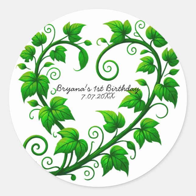 Sticker Rond Green Vine Heart Feuilles fête d'anniversaire (Devant)