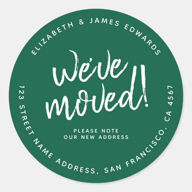 Sticker Rond Green White Rustic Script We've Moved New Address (Devant)