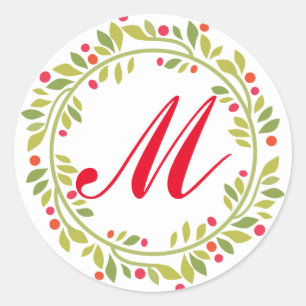 Sticker Rond Green Wreath Red Monogram Holiday