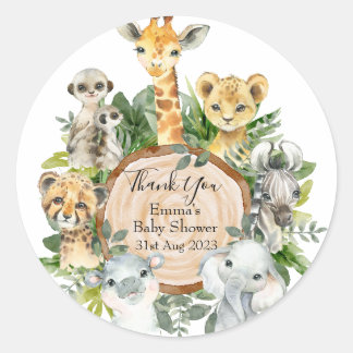 Sticker Rond Greenery Safari Jungle Wild Animals Baby Shower