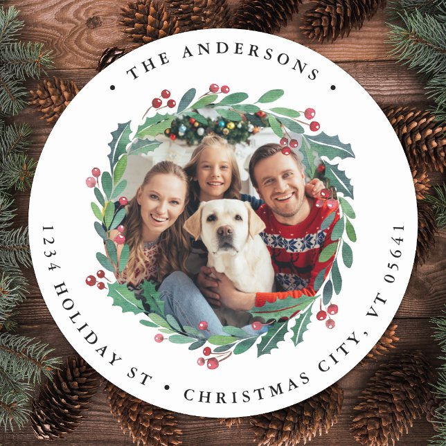 Sticker Rond Greenery Wreath Photo Holiday Adresse de retour (Créateur téléchargé)