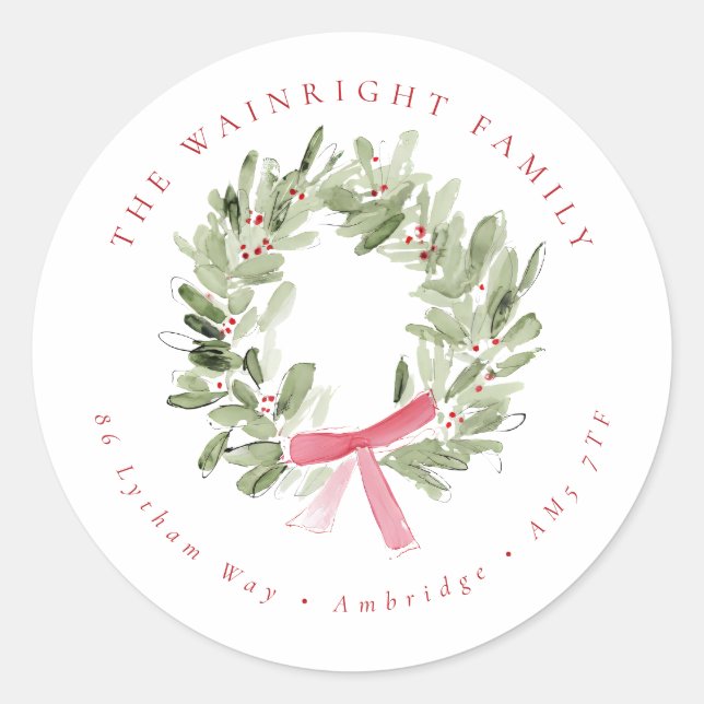 Sticker Rond Greenery Wreath & Red Bow Holiday Return Address (Devant)