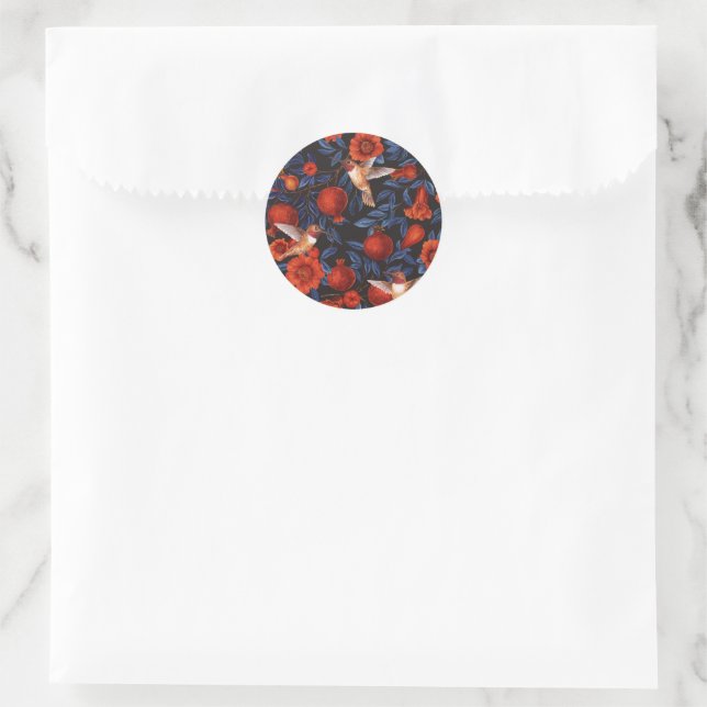 Sticker Rond Grenade et colibris/feuilles bleus sur noir (Sac)