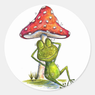 Sticker Rond Grenouille à couchage lunaire sous un champignon