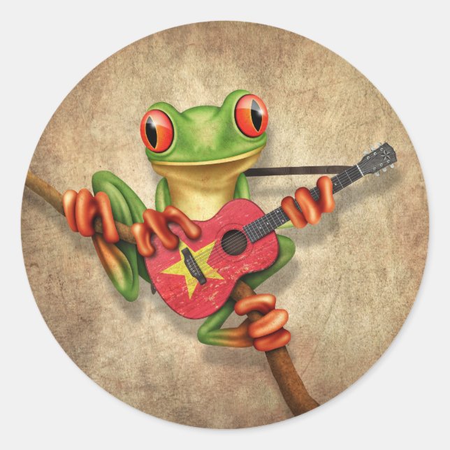 Sticker Rond Grenouille Arbre Jouer Guitare Drapeau Vietnamien (Devant)