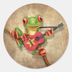 Sticker Rond Grenouille Arbre Jouer Guitare Drapeau Vietnamien