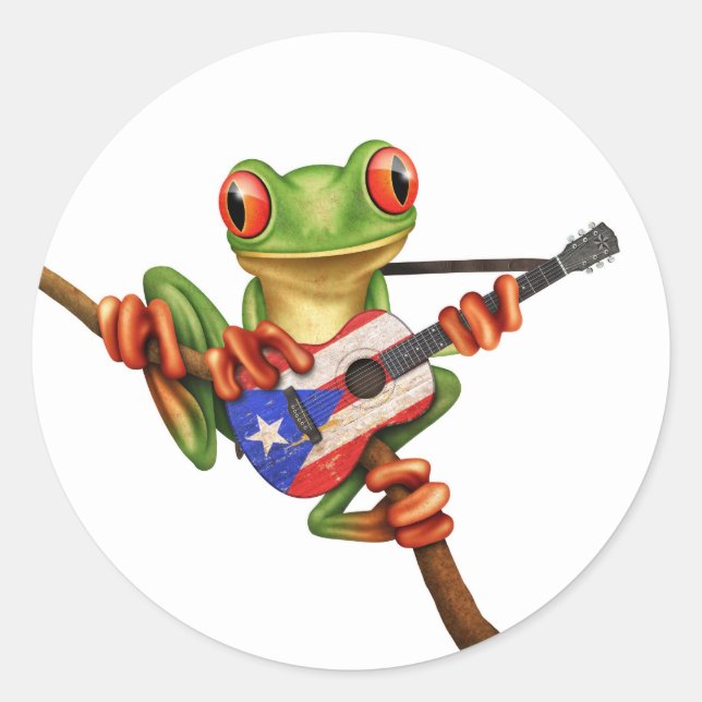 Sticker Rond Grenouille Arbre Jouer Porto Rico Drapeau Guitare  (Devant)