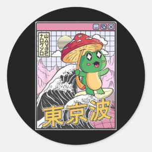 Sticker Rond Grenouille avec champignon surfant sur une vague j