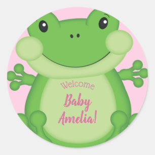 Sticker Rond Grenouille Baby shower Rose fille