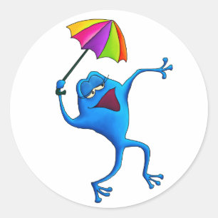 Sticker Rond Grenouille bleue de chant avec le parapluie