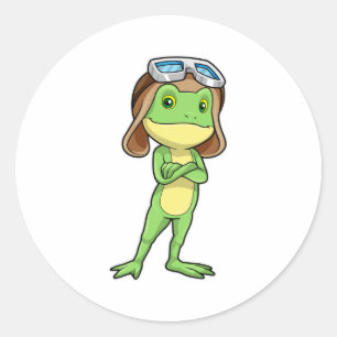 Sticker Rond Grenouille comme pilote avec Casquette et lunettes