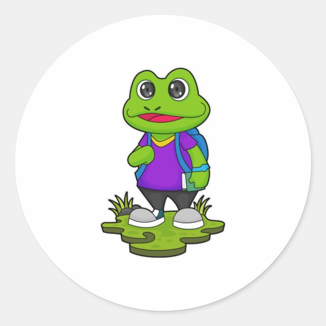 Sticker Rond Grenouille comme randonneur avec sac à dos (Devant)