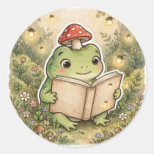 Sticker Rond Grenouille Confortable Lisant un Livre — Champigno