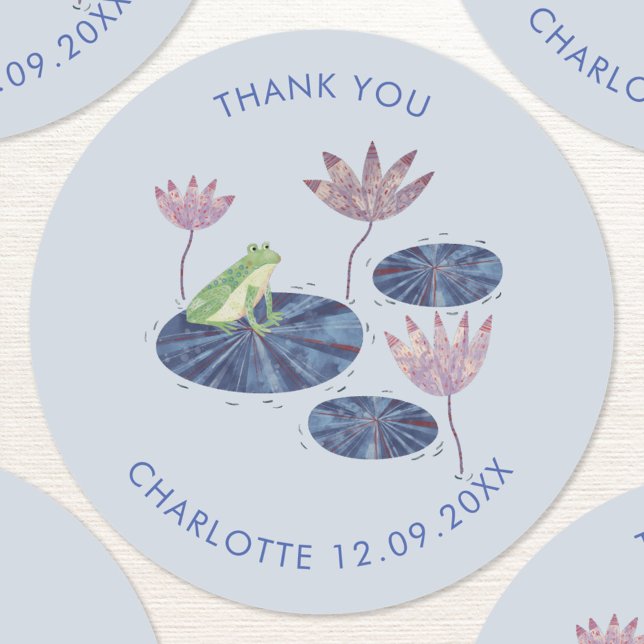 Sticker Rond Grenouille dans un Merci mou d'étang Lily (Personalized thank you stickers with a cute frog on a lily pad. Perfect for baby shower or birthdays)