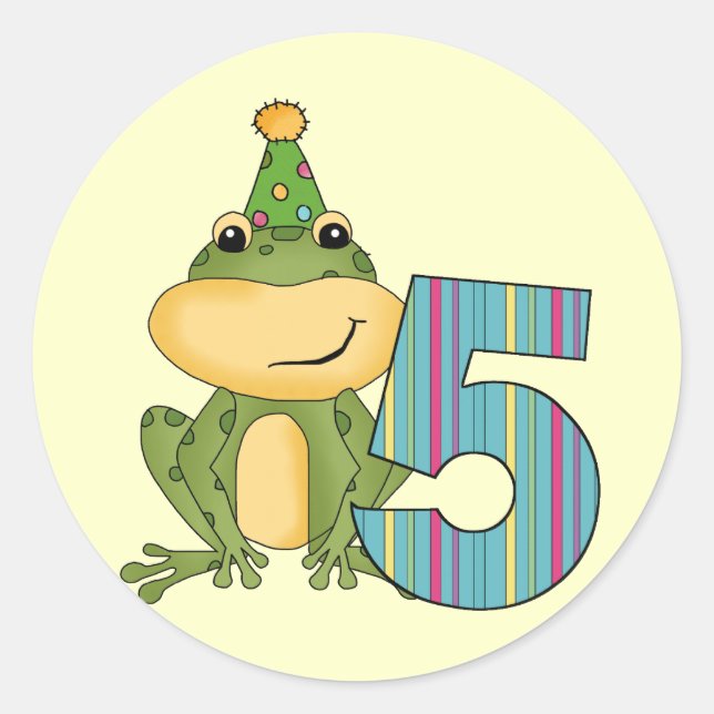 Sticker Rond Grenouille de fête 5e anniversaire T-shirts et cad (Devant)