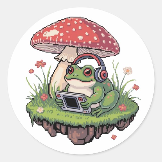 Sticker Rond Grenouille de jeu pixel confortable Champignon (Devant)