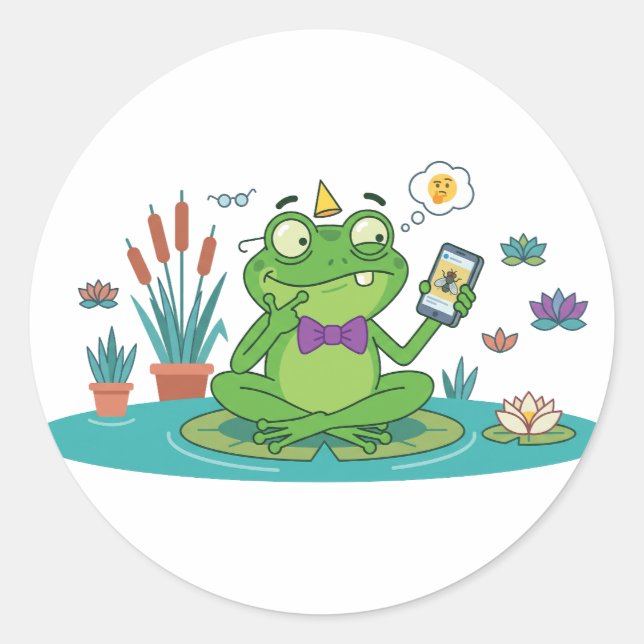 Sticker Rond Grenouille drôle naviguant sur smartphone (Devant)