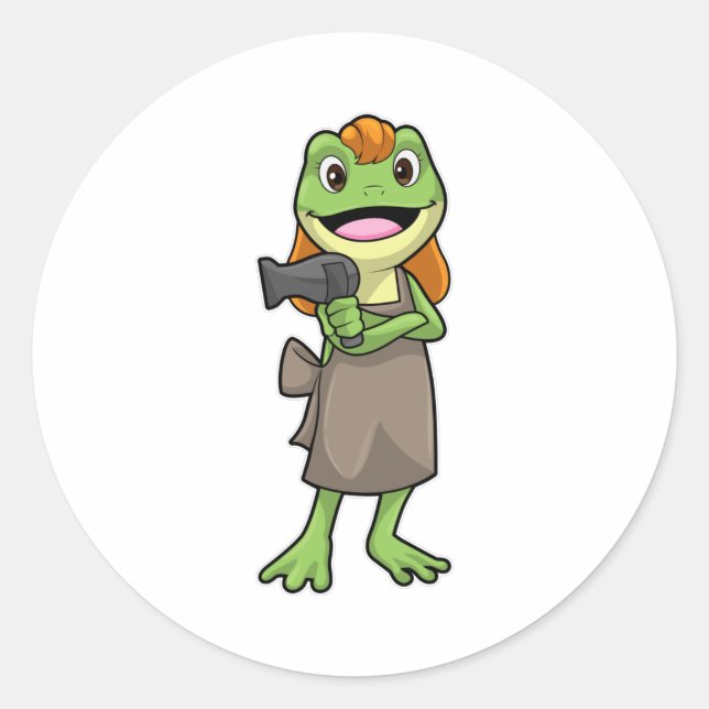 Sticker Rond Grenouille en coiffeur avec sèche-cheveux (Devant)