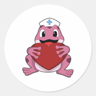 Sticker Rond Grenouille en tant qu'infirmière avec coeur