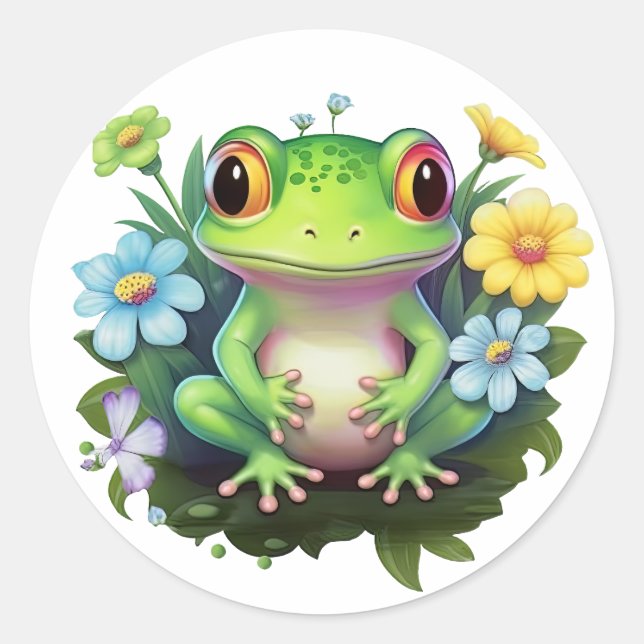 Sticker Rond Grenouille et fleurs (Devant)