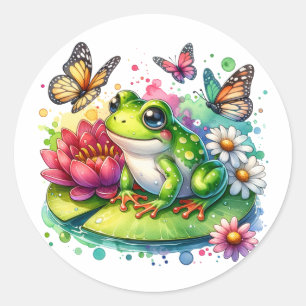 Sticker Rond Grenouille mignonne sur Lily Pad avec Fleurs et Pa