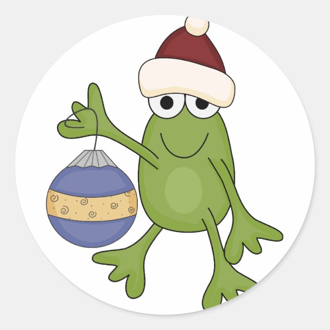 Sticker Rond Grenouille père Noël avec tee-shirts et cadeaux (Devant)