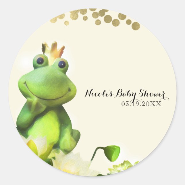Sticker Rond Grenouille Prince Vert & Baby shower Or Personnali (Devant)
