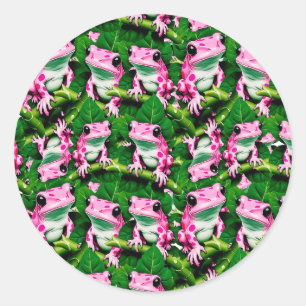 Sticker Rond Grenouille rose sur motif de feuille verte