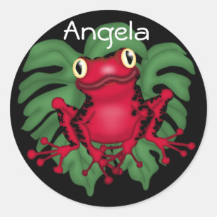 Sticker Rond Grenouille rouge sur un bac rond Feuille vert