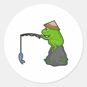 Sticker Rond Grenouille sur pierre à la pêche avec bâtonnet de